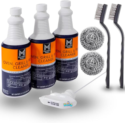 Heavy-Duty Oven, Grill & Fryer Cleaner Kit – 3 Bottles (32 fl oz Each) + Trigger Sprayer + 2 Steel Sponges + 2 Wire Brushes – Commercial Grade Grease Remover