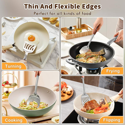 2 Pcs Stainless Steel Spatulas Set, Metal Spatula Solid & Slotted Turner, Heavy Duty Sturdy Spatula for Kitchen Use, High Heat Resistant Cooking Utensils for Fish Eggs Pancakes, Easy to Clean, Silver