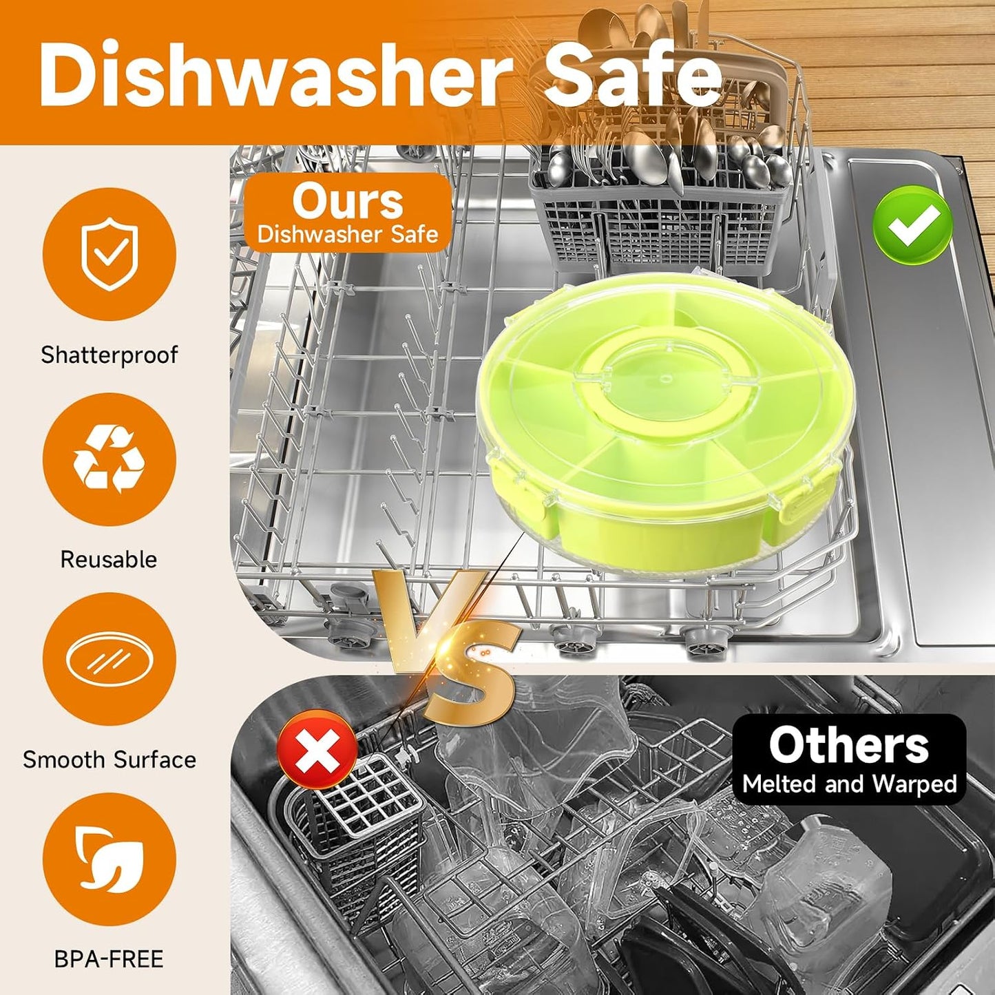 Dishwasher Safety -Divided Rotating Serving Tray with Lid and Handle,Portable Snackle Box for Fruits Snacks Charcuterie,Clear Organizer and Fridge Storage Container,Veggie Platters for Adults Child