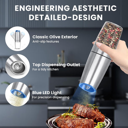 UNNEES Battery Operated Gravity Salt And Pepper Grinder Set, 2 Pcs (Black)