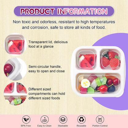 Honeydak 5 Pack Snack Containers 3 Compartment Bento Snack Boxes Divided Meal Prep Containers with Lids Reusable Adults Lunch Food Storage Box for School Work Travel(Elderberry)