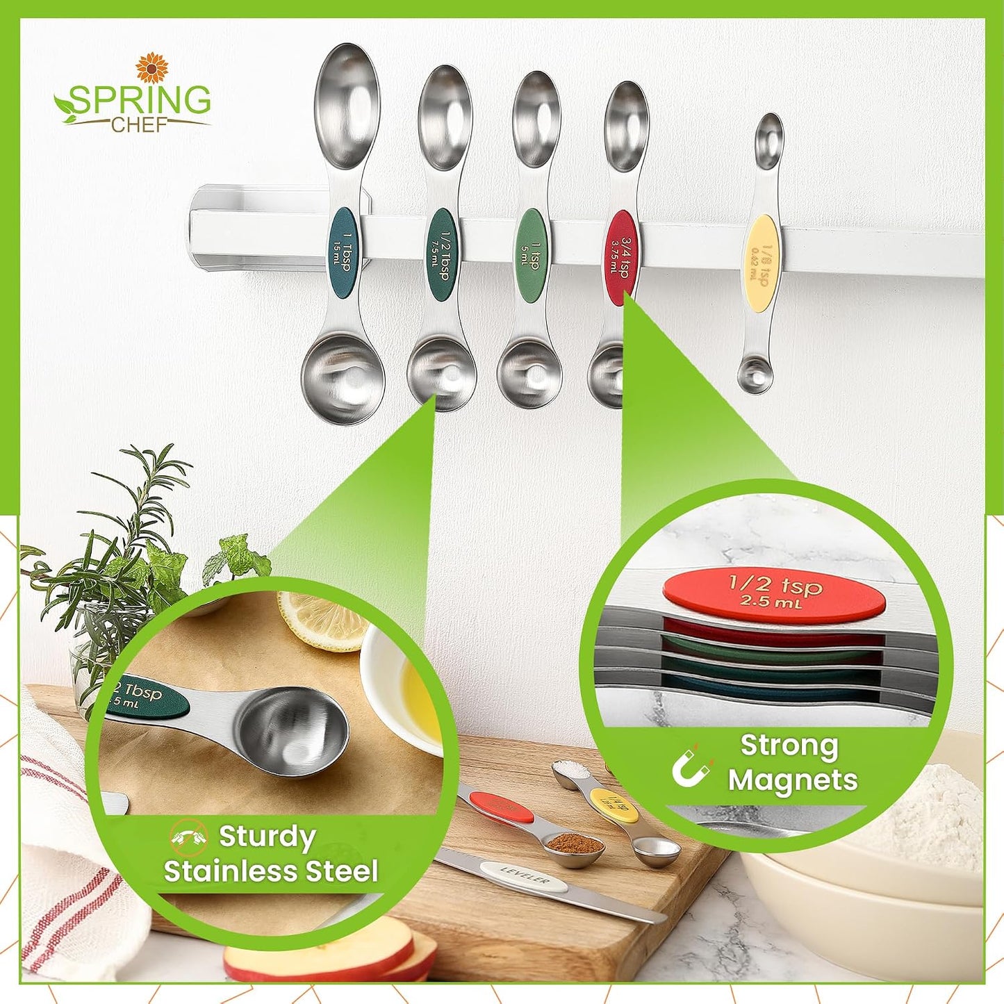 Spring Chef Stainless Steel Magnetic Measuring Spoons Set with Strong N45 Magnets, Heavy Duty Metal Kitchen Gadgets for Baking & Cooking, Fits in Most Kitchen Spice Jars, Set of 8 with Leveler, Black