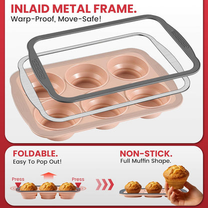 Silicone Muffin Pan for Baking with Metal Reinforced Frame - 6 Cups Regular Size Cupcake Pan Muffin Tins Egg Bite Molds - Nonstick, Easy to Pop, Bakeware for Oven, BPA Free (6-Cups Red)