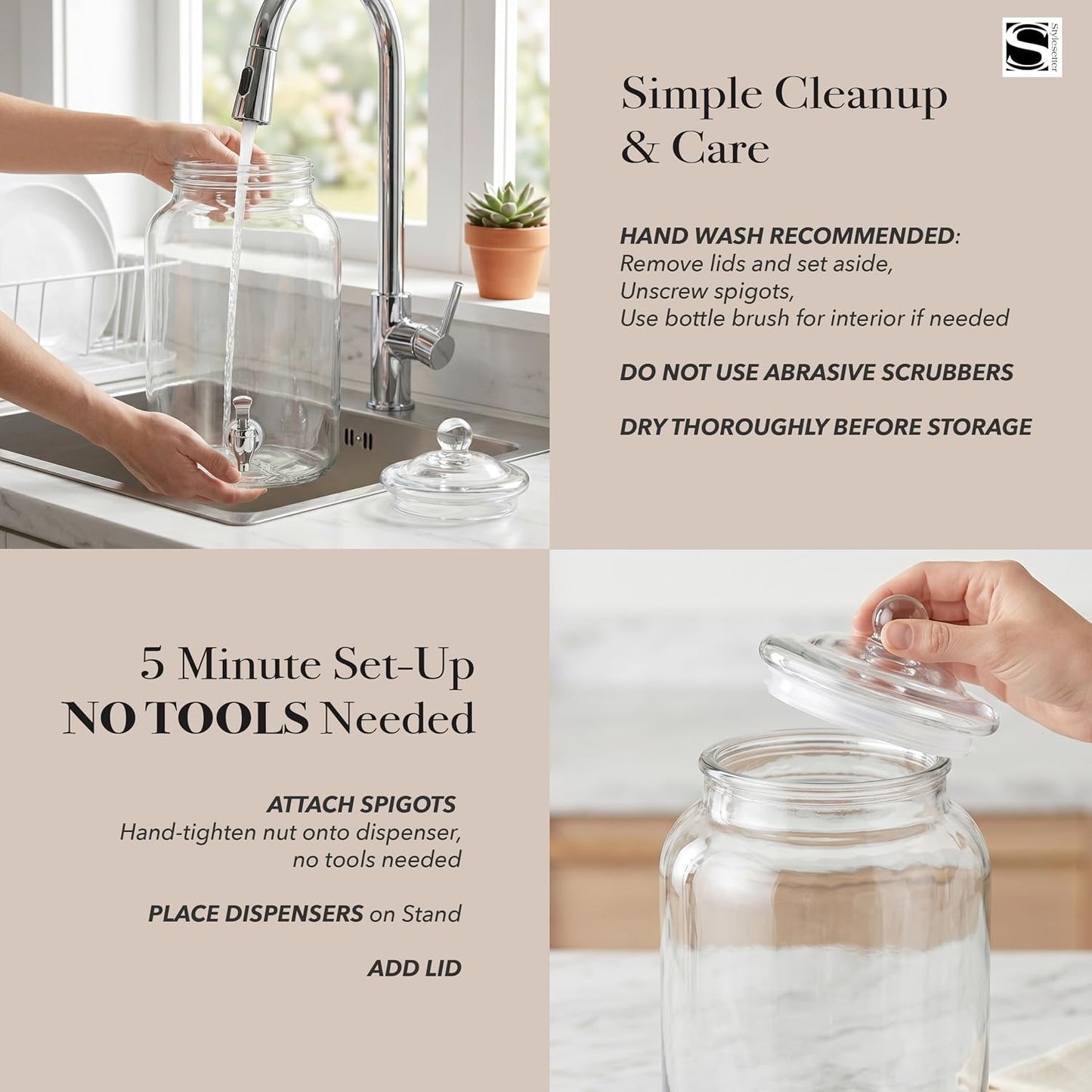 Style Setter Montgomery Beverage Cold Drink Dispenser w 2.7-Gallon Capacity Glass Jug, Leak-Proof Acrylic Spigot in Gorgeous Gift Box for Parties