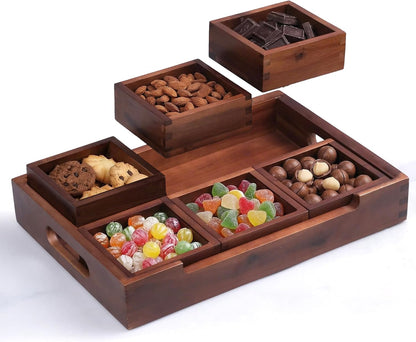 Set7 Wood Serving Tray With Handles And Lid – Large Rectangular Breakfast & Ottoman Tray with Raised Edges, Serving Platter Snack Tray, Serving Tray with Food, Drinks, Appetizer Dishes & Dessert Trays