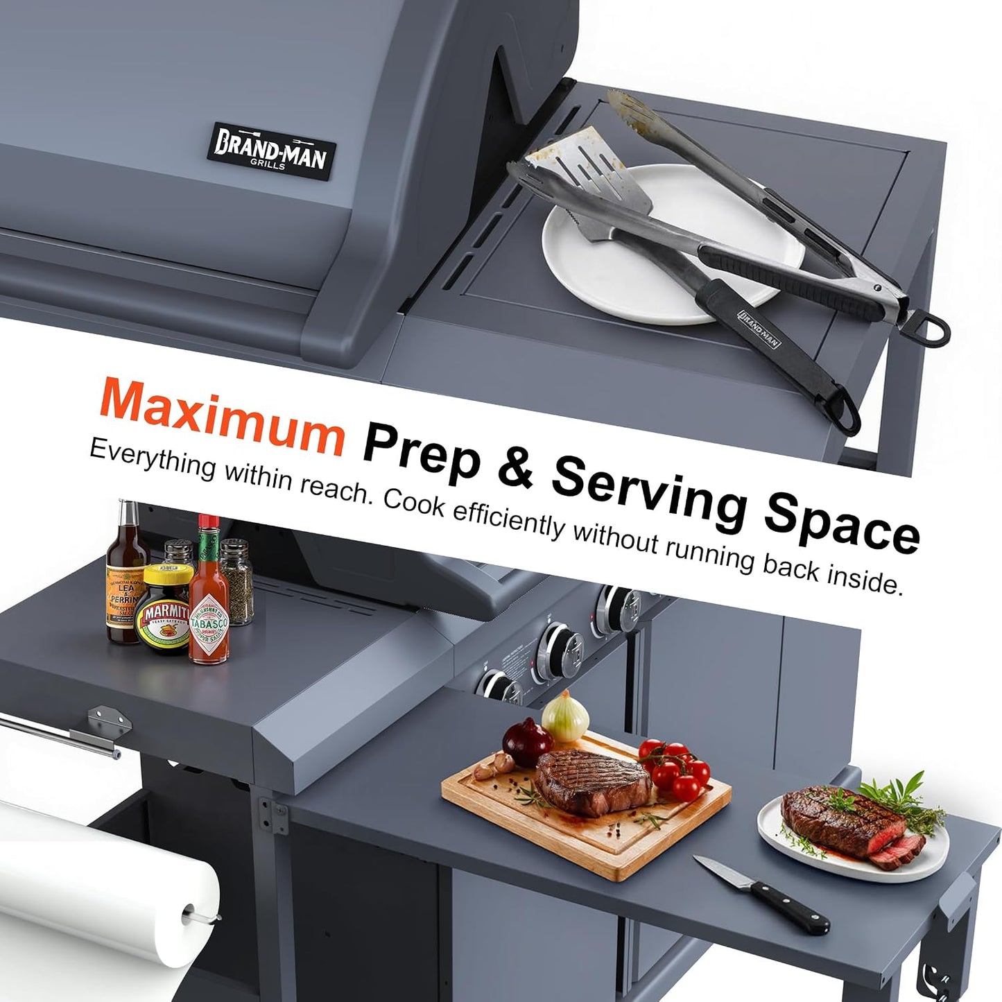 Brand-Man 4-Burner Gas Outdoor Kitchen Grill Island with Side Burner - 44,000 BTU Stainless Steel BBQ Grill Station with Storage Cabinets, Fold-out Prep Table, LPG/NG Convertible, Black