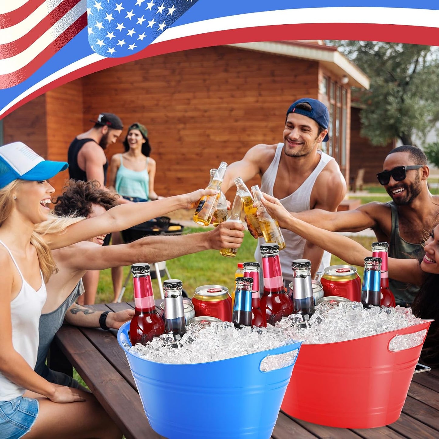 Norme 24 Pcs Oval Storage Tub with Handles, 4.5l Plastic Ice Buckets Bulk for Wine Beer Champagne Drink Cooler Beverage Storage Tub for Parties BBQ Weddings Party Outdoor Celebration(Blue & Red)