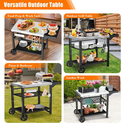 Outdoor Pizza Oven Table for Ninja Woodfire, Blackstone Tabletop Grill, Portable Grill Cart & Food Prep Work Table, Movable Pizza Oven Cart for Backyard BBQ and Patio Parties