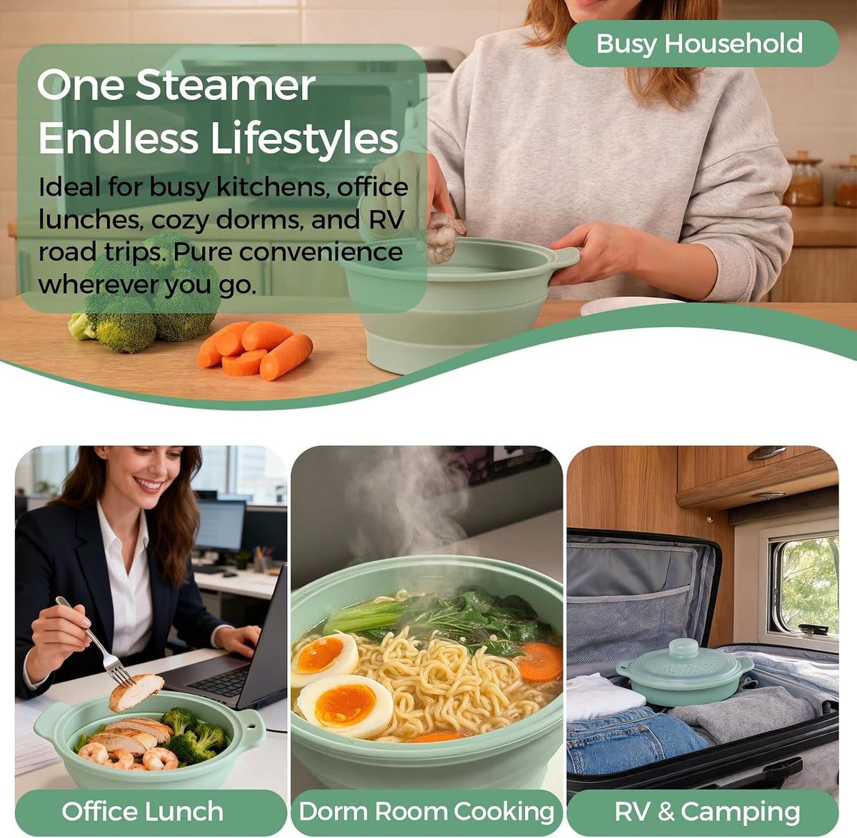 FUNKYLEE 42oz Collapsible Silicone Microwave Steamer for Vegetables, Green