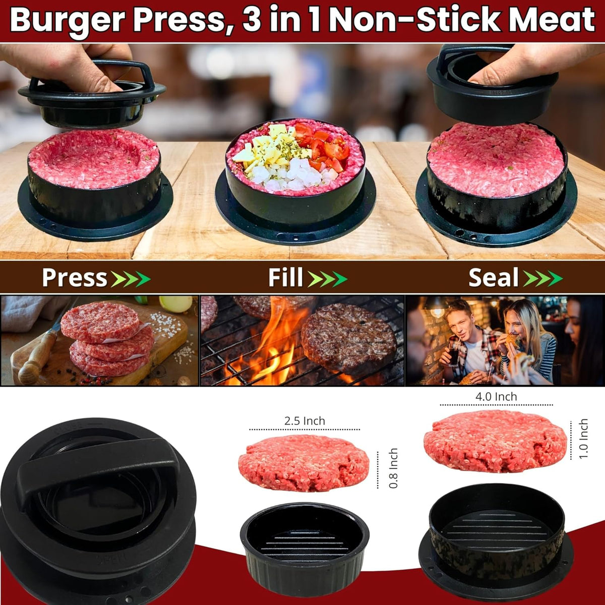 Gamalou® Smash Burger Press Kit: 7” Cast Iron Flat Press, 3-in-1 Hamburger Maker, 6x5” Spatula, Dredge Shaker & 100 Patty Papers for BBQ, Blackstone Griddle, Flat Top, Grill & Frying Pan