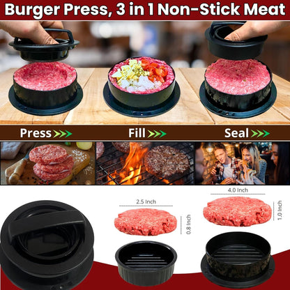 Gamalou® Smash Burger Press Kit: 7” Cast Iron Flat Press, 3-in-1 Hamburger Maker, 6x5” Spatula, Dredge Shaker & 100 Patty Papers for BBQ, Blackstone Griddle, Flat Top, Grill & Frying Pan