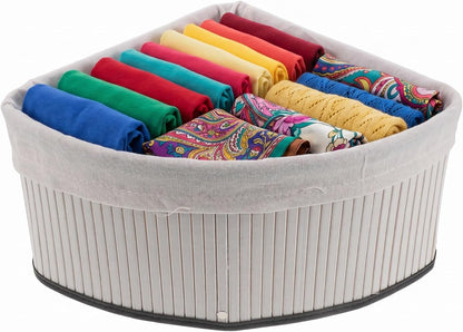 Corner Triangle Storage Basket for Shelves: Bamboo Woven Triangle Storage Bin with Removable Liner, 90 Degree Fan-Shaped Organizer for Kitchen Cabinet, Bathroom, Pantry, Closet, 10x6.3"