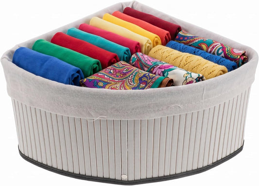 Corner Triangle Storage Basket for Shelves: Bamboo Woven Triangle Storage Bin with Removable Liner, 90 Degree Fan-Shaped Organizer for Kitchen Cabinet, Bathroom, Pantry, Closet, 10x6.3"