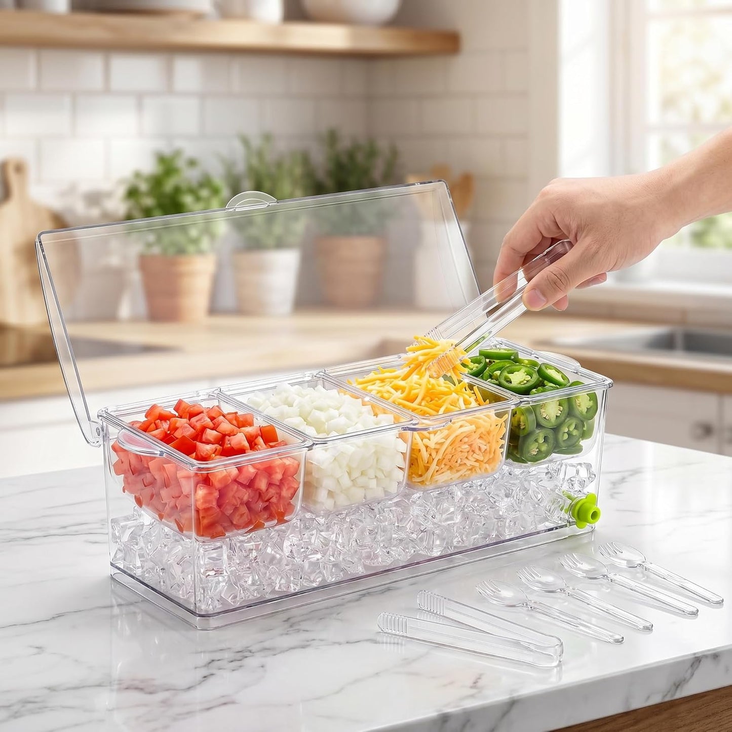 Jucoan Large Ice Chilled Condiment Server with Lid, 4 Compartments Chilled Condiment Caddy, Bar Garnish Serving Platter Holder Tray for Mimosa Taco Salad Soda Lemonade Bar Supplies, 2 Tongs, 6 Forks