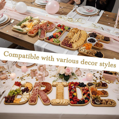 5 Pcs Bride Bamboo Serving Trays Set 11'' Wooden Fillable Charcuterie Letters Board Smooth Finish Snack Plates Candy Fruit Cookie Platter Cookware for Wedding Bachelorette Party Supplies