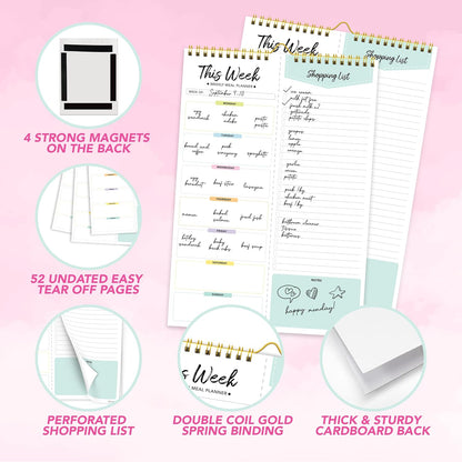 Decorably 52 Sheets Pastel Rainbow Weekly Meal Planner for Fridge with 4 Strong Magnets - 6x9in Spring-Bound Refrigerator Mountable, Easy Tear-Off Design, Track Food, Drinks, & Home Supplies