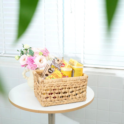 NAYA 11.6" Water Hyacinth Medium Wicker Shelf Basket – Storage Bin | Handwoven water hyacinth shelf basket with sturdy handles for pantry, towels and everyday home organization.