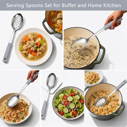 2-Piece Serving Spoons, 11-Inch, Solid & Slotted, Platinum Silicone