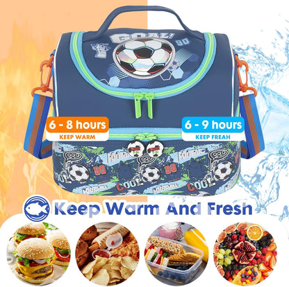 Kids Double Decker Cooler Insulated Lunch Bag, Back to School Large Meal Tote for Boys, Girls, Men, Women, with Adjustable Strap, Soccer