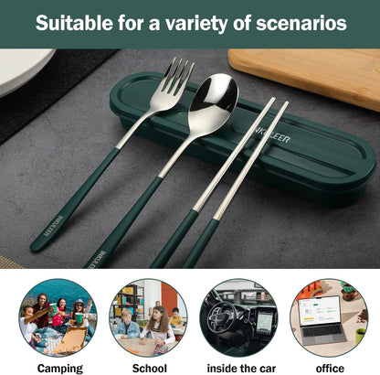 iNKULEER Travel cutlery set, 18/8 stainless steel cutlery, Reusable utensils set with case, Portable Silverware Lunch Box for Camping and Office (Pink)
