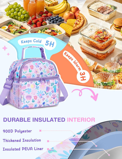 VASCHY Lunch Box Bag for Kids, Insulated Double Compartments Cooler Lunch Tote for Toddlers Boys Girls School/Daycare/Picnic Black Dinos