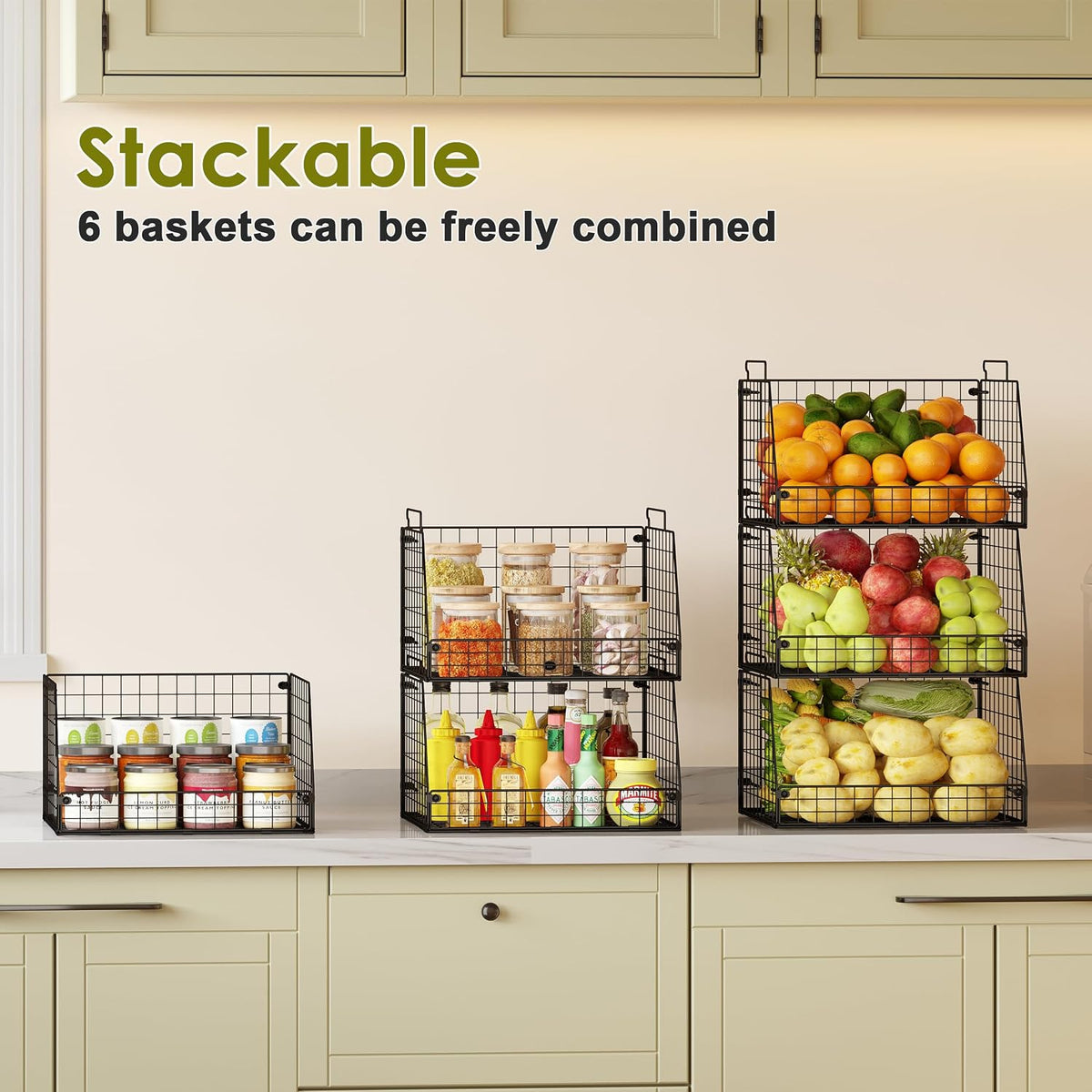 Jakyitvi 4 Pack XXL Stackable Wire Storage Basket, Extra Large Capacity Pantry Organizer and Storage, Muti-Purpose for Vegetable Fruit Basket & Can Organizer & Snack Rack & Metal Pantry Bin