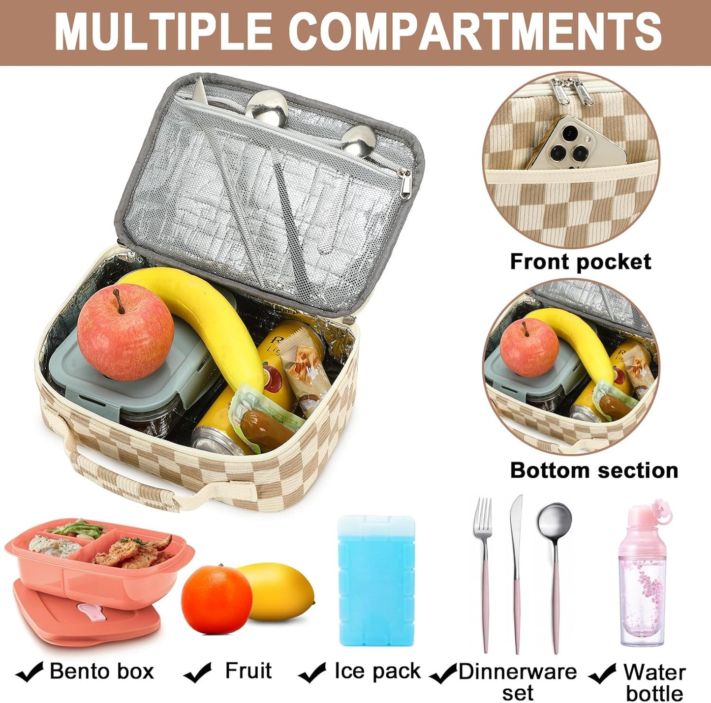 Bluboon Insulated Lunch Bag for Girls & Boys, Corduroy School Lunch Box with Cooler & Organizer Compartments, Leak-Proof Lunch Tote for School, Travel (Corduroy Strawberries Beige)