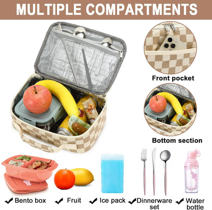 Bluboon Insulated Lunch Bag for Girls & Boys, Corduroy School Lunch Box with Cooler & Organizer Compartments, Leak-Proof Lunch Tote for School, Travel (Corduroy Strawberries Beige)