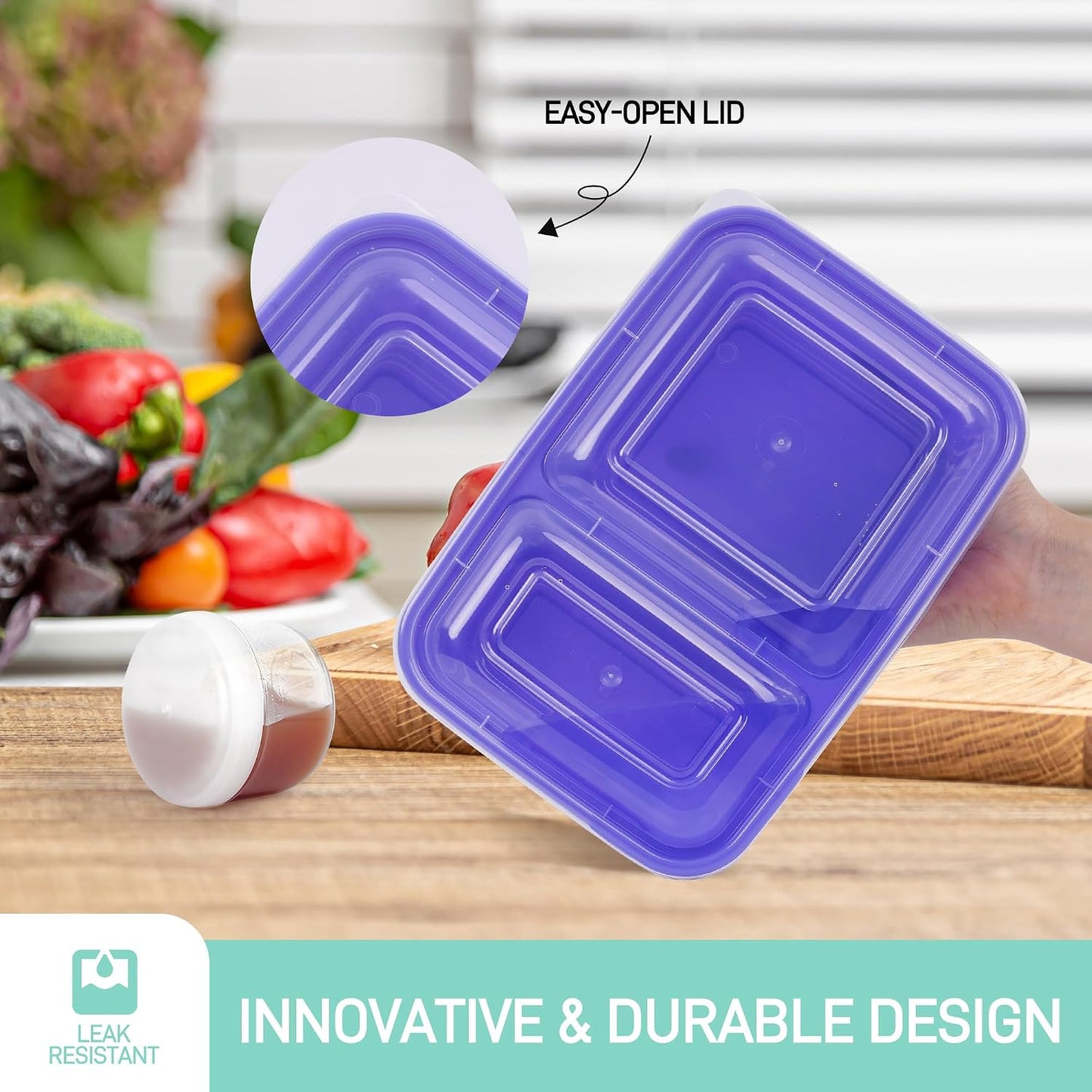 LISI 100-Piece Meal Prep Containers, 33oz Large Food Storage Containers with lids with 1, 2, 3-Compartment, Freezer Safe To-Go/Take-Out Boxes, Includes 5-Pack 2oz Dressing Cups for Take Out