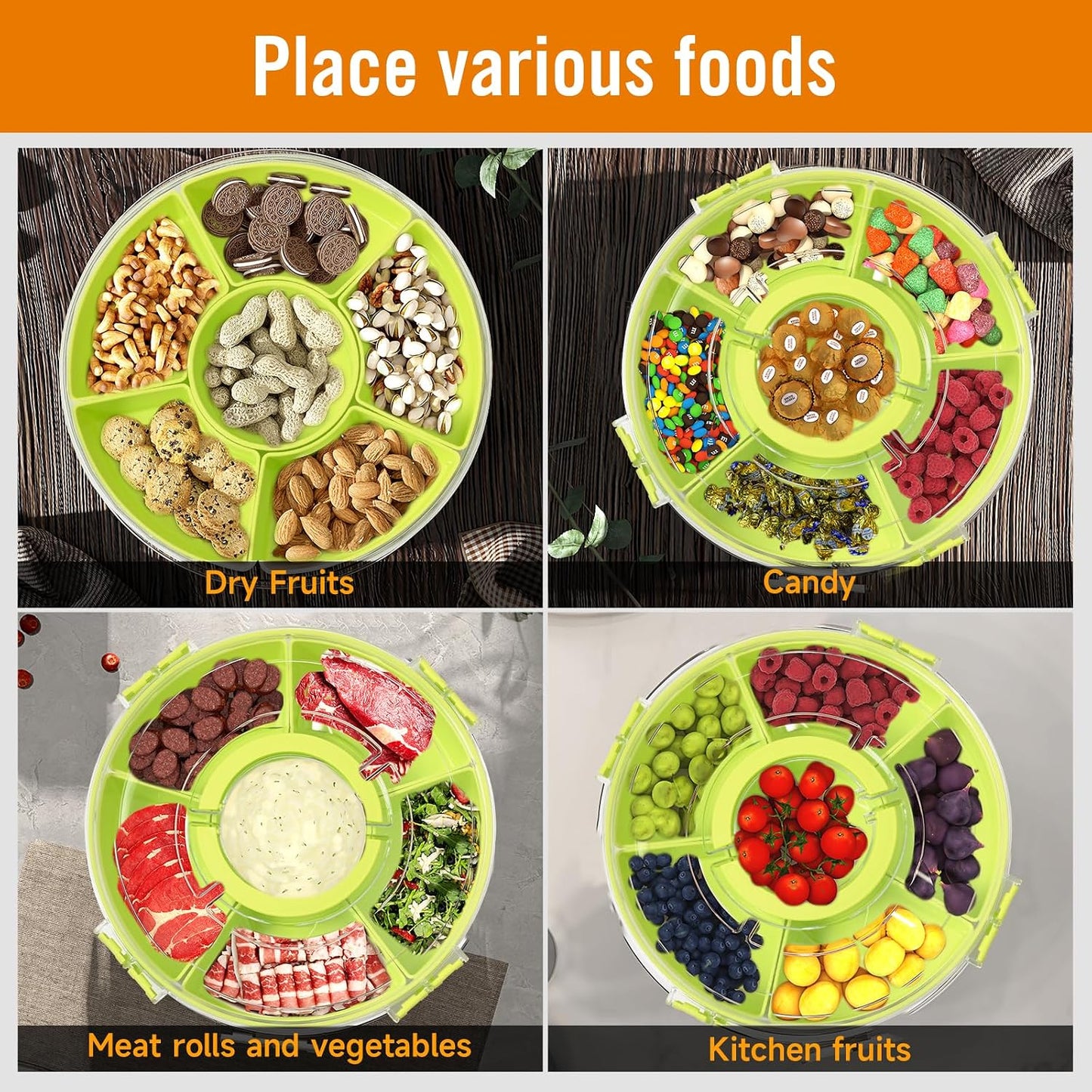 Dishwasher Safety -Divided Rotating Serving Tray with Lid and Handle,Portable Snackle Box for Fruits Snacks Charcuterie,Clear Organizer and Fridge Storage Container,Veggie Platters for Adults Child