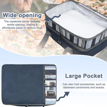 Double Decker Insulated Casserole Carrier, Expandable Thermal Food Warmer Bag Fits 9x13 Dish, Leak-Proof Potluck Lasagna Holder with Utensil Pocket for Picnic Party Cookout (Blue)