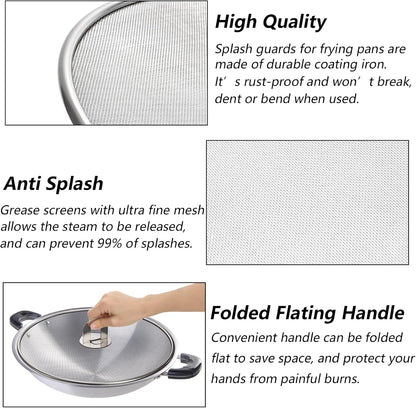 Nicunom 4 Pack Splatter Screen for Frying Pan, 13", 11.5", 10", 8" Stainless Steel Grease Splatter Guard with Fold Flat Knob, Kitchen Oil Splatter Guard Set for Safe Cooking