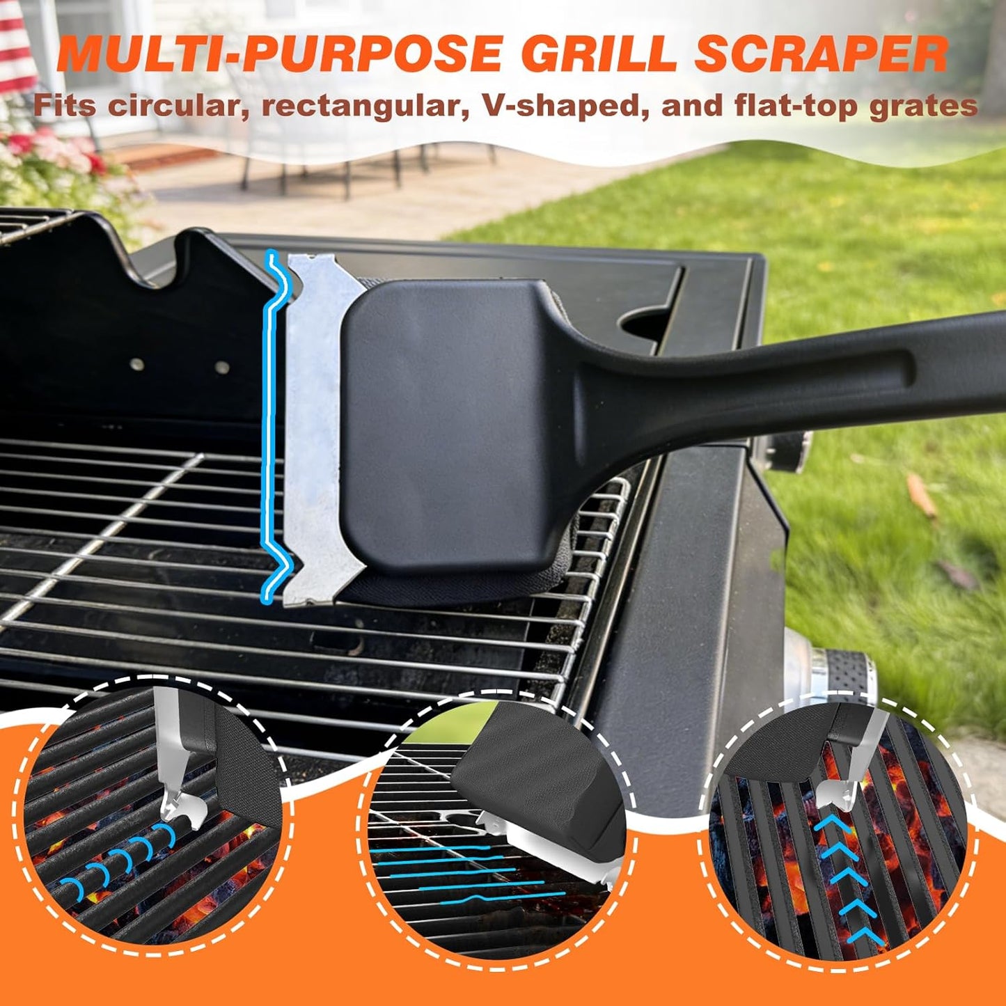 Grill Brush for Outdoor Grill, Steam Grill Cleaner Bristle Free with Scraper, Replaceable Cleaning Head & Heat-Resistant Handle, Grilling Gift for Dad, Men - Black
