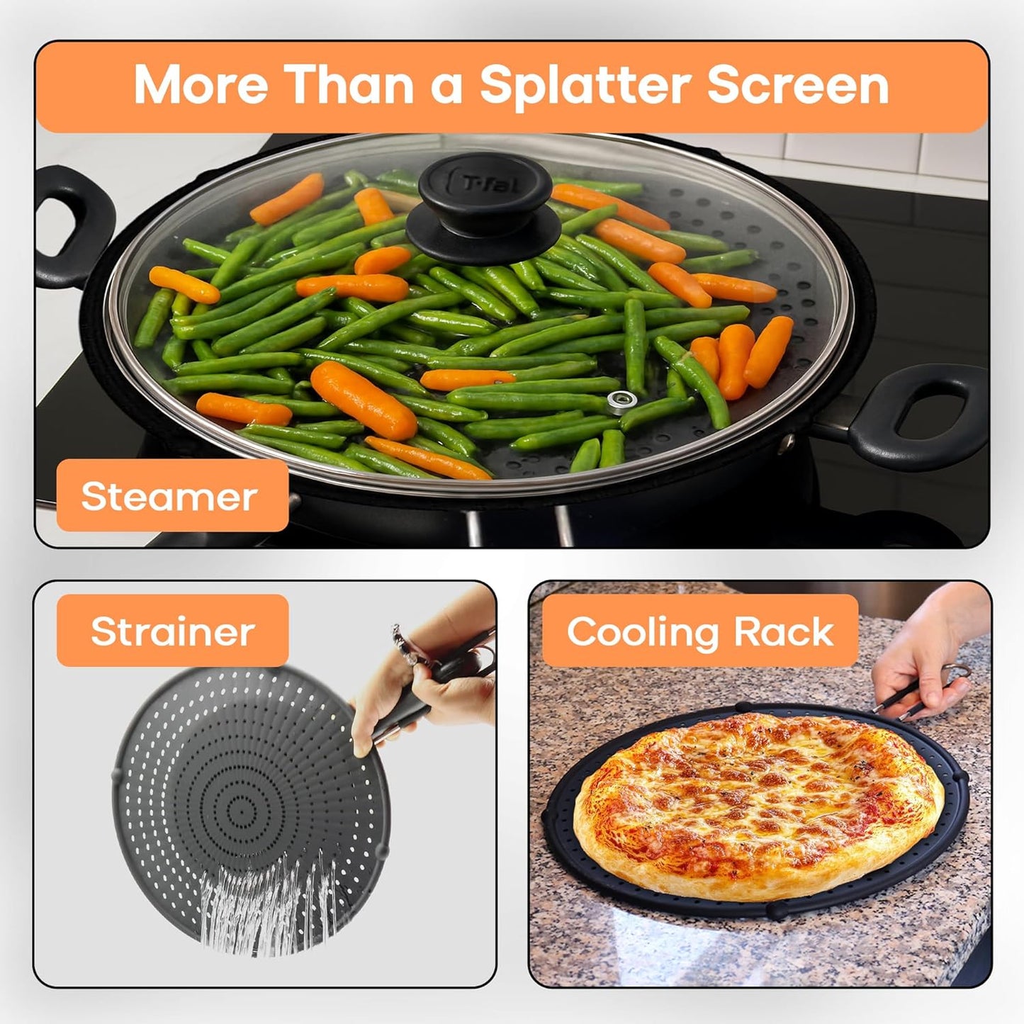 13-Inch Splatter Screen for Frying Pan - Silicone Grease Splatter Guard for 12"-13" Panss - |USA Brand|, Black | oven safe