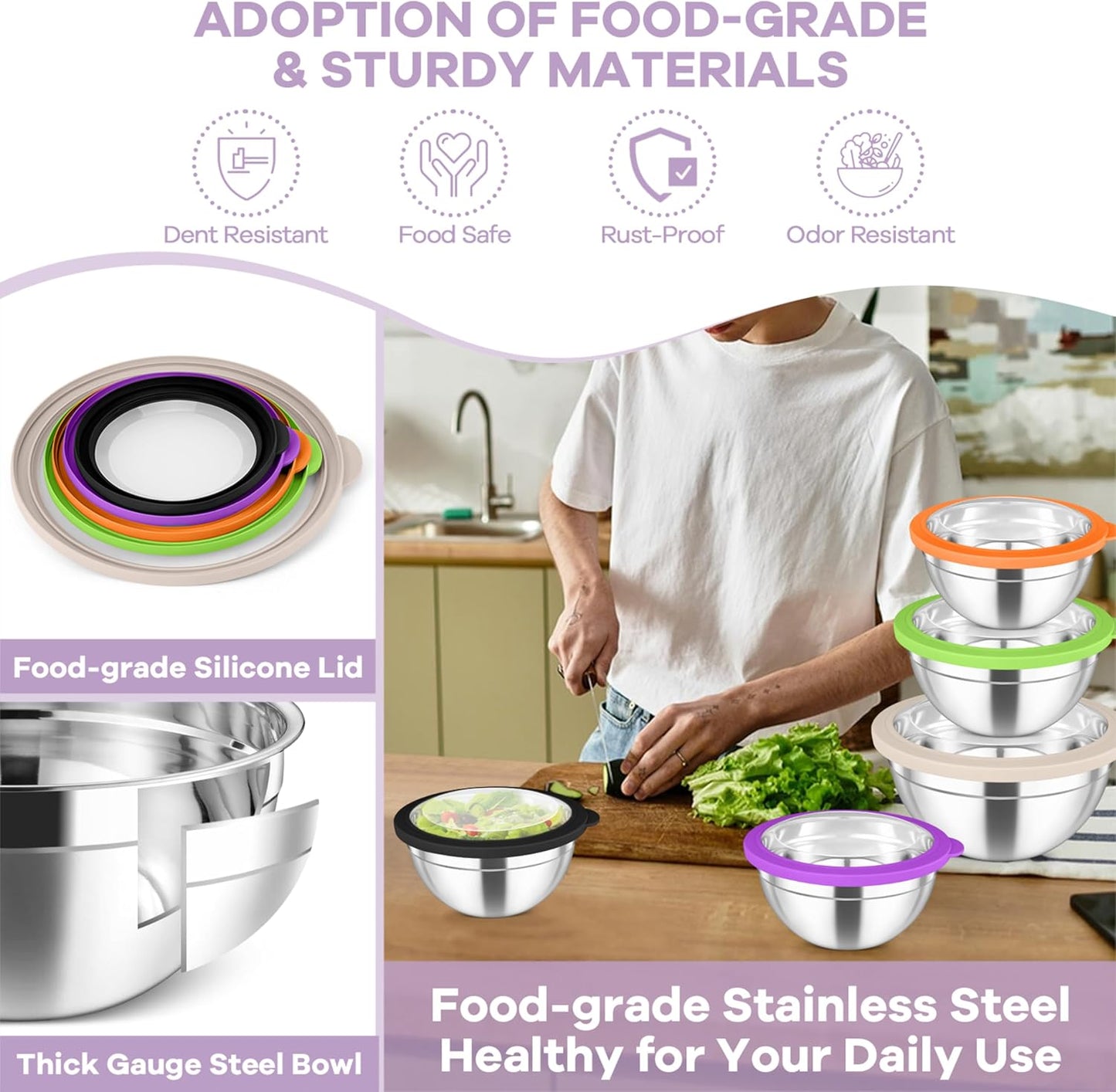 TeamFar Mixing Bowls Set, 4.5/3/1.5/1/0.7 QT Stainless Steel Nesting Salad Bowls with Airtight Lids, For Serving/Mixing/Storing, Non-Toxic & Heavy Duty, Visible & Easy Clean, Black, Set of 5