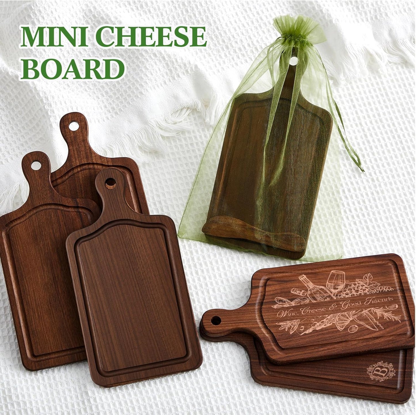 Nuenen 50 Pcs Mini Wooden Charcuterie Board Bulk, Small Wood Cutting Board for Crafts Laser Engraving with Knives Organza Bags Wedding Baby Shower Favors Gift (Square,Bamboo Color)