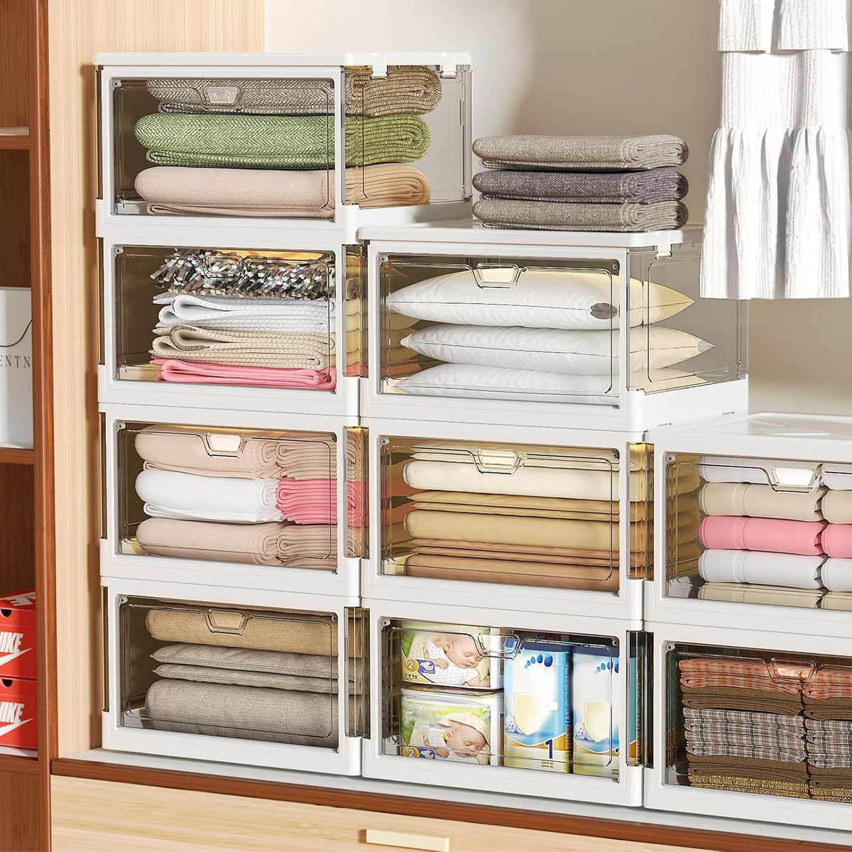 Kmiectse Clear Storage Bin with Lid 3 Pack 【Stackable & Sturdy】 Plastic Multifunctional Folding Storage Bins for Bedroom, Living Room, Study,Room, 23 QT Folding Box with Magnetic Door