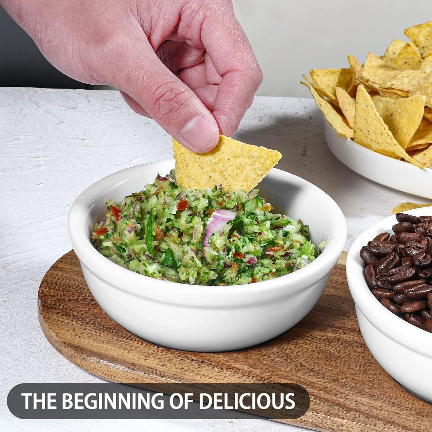 Artena 6oz Turquoise Solid Ceramic Chips and Dip Serving Platter with Acacia Wooden Tray, 4.5inch Glazing Small Serving Bowls/Dipping Dishes for Condiments,Side Dishes, Dipping, Pre, Dessert, Salsa