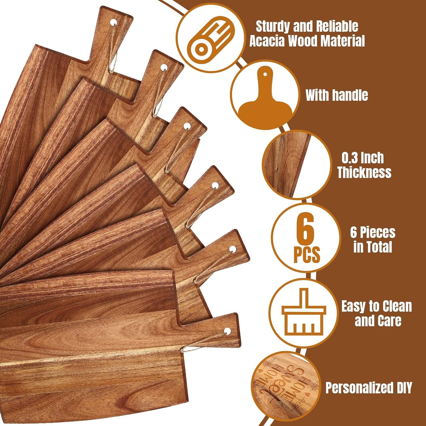 Patelai 6 Pcs 15 x 7 Inch Bamboo Cutting Board Set with Handles Laser Engraving Wooden Charcuterie Kitchen Plain Serving Chopping Board Bulk for DIY Housewarming