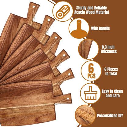 Patelai 6 Pcs 15 x 7 Inch Bamboo Cutting Board Set with Handles Laser Engraving Wooden Charcuterie Kitchen Plain Serving Chopping Board Bulk for DIY Housewarming