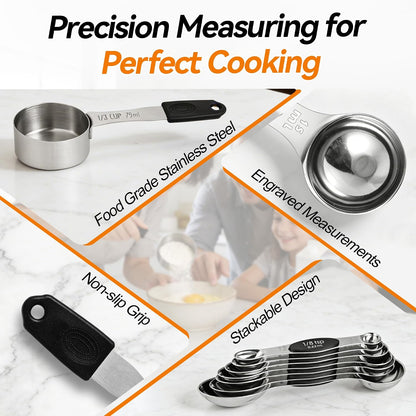 -BINGBING- Magnetic Measuring Cups and Spoons Set of 13, Stainless Steel | 5 Magnetic Cups and 8 Double-Sided Spoons with Leveler, Stackable, Kitchen Gadgets for Cooking and Baking