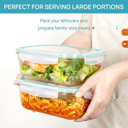 Vtopmart 2Pack 2260ml/ 76.4oz Large Glass Containers Food Storage with Lids, Meal Prep Food Container Set with Snap Airtight Lid for Baking, Microwave, Oven, Leak Proof, for Freezer, Dishwasher, Green