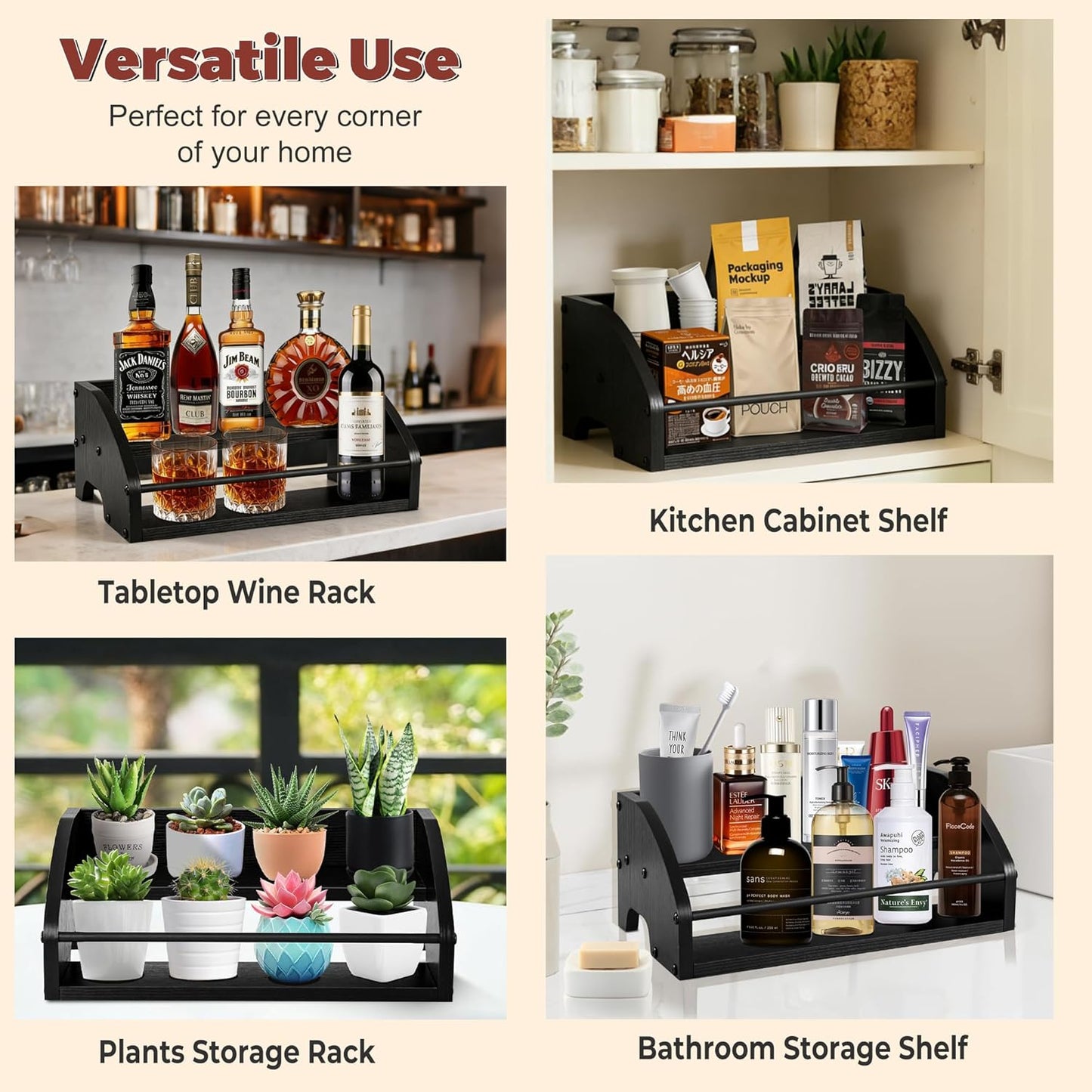 Countertop Liquor Bottle Organizer Shelf, 3-Tier | Rustic Display Rack, For Wine & Coffee Syrups, Freestanding Bar and Kitchen Storage, Easy-Carry Handles