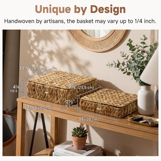 StorageWorks Wicker Basket with Lid, Flat Wicker Storage Bins with Lids, Decorative Storage Boxes with Lids, Water Hyacinth Baskets for Organizing, Woven Basket for Shelves
