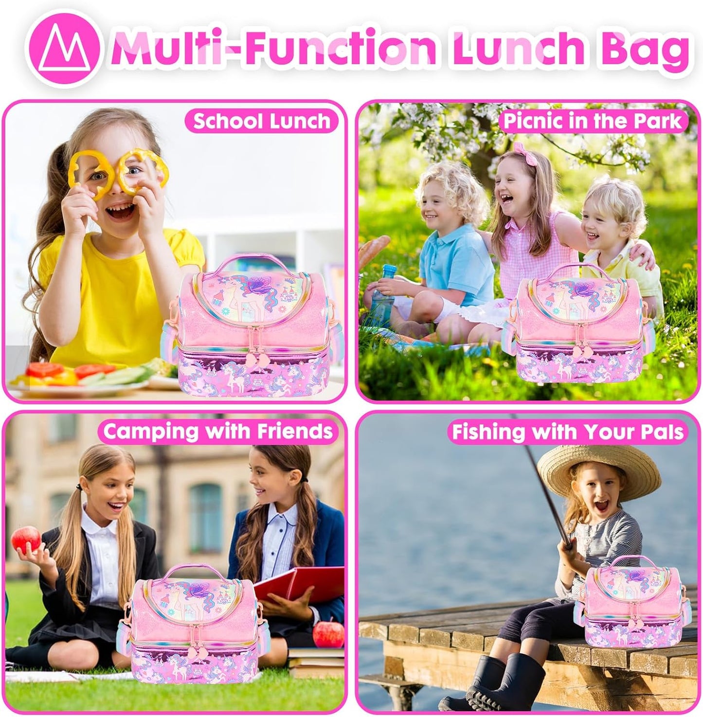 Kids Double Decker Cooler Insulated Lunch Bag, Back to School Large Meal Tote for Boys, Girls, Men, Women, with Adjustable Strap, Soccer