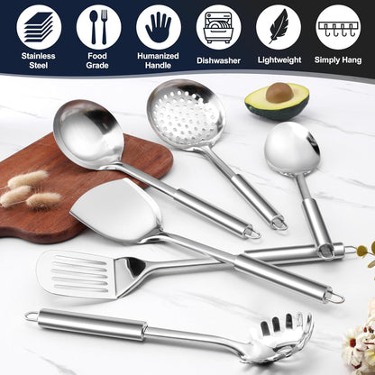 E-far Cooking Utensils Set, 10-Piece Stainless Steel Kitchen Utensils with Holder, Metal Heat Resistant Kitchen Cookware Tool Spatula Set for Cooking, Easy Clean & Dishwasher Safe