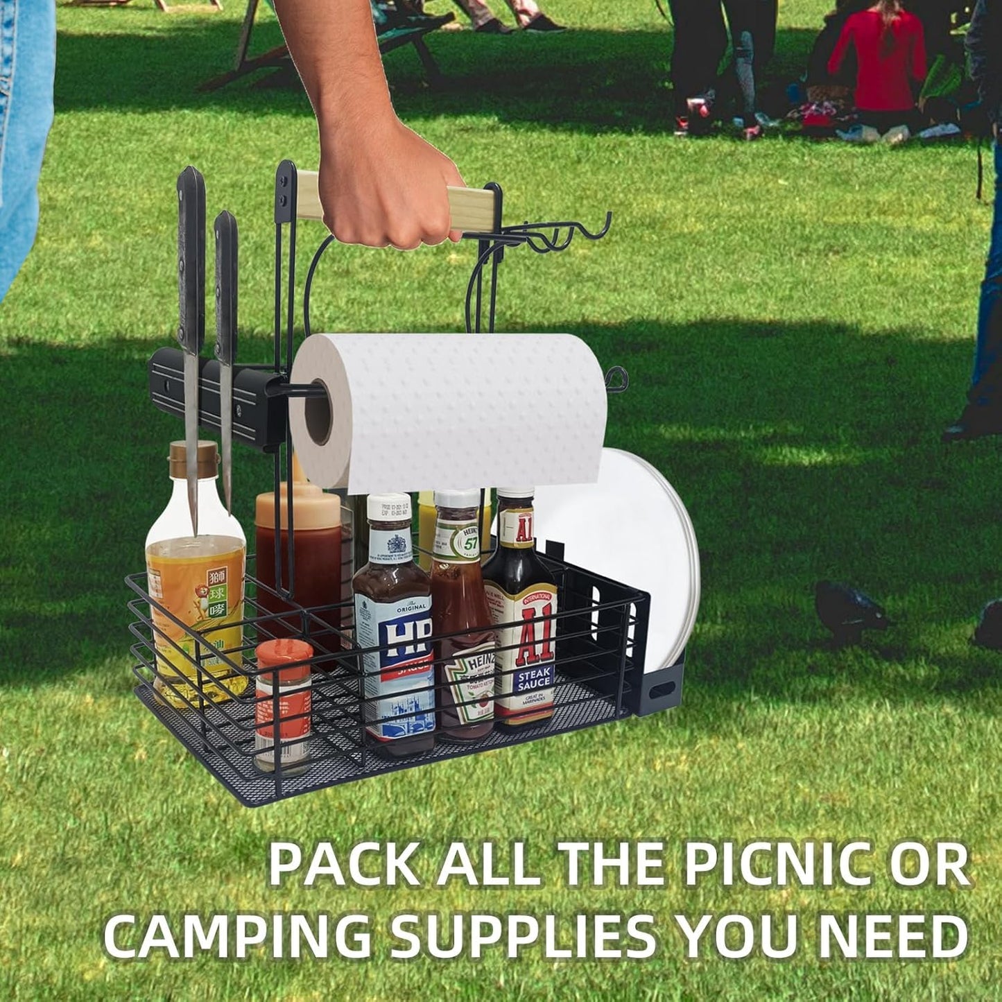 Grill Caddy,BBQ Condiment Organizer for Outdoor, Camping Tailgating Picnic Kitchen Storage Caddy Kitchen Organizer for Camper Magnetic Tool Holder with Paper Towel Holder with Handle Portable