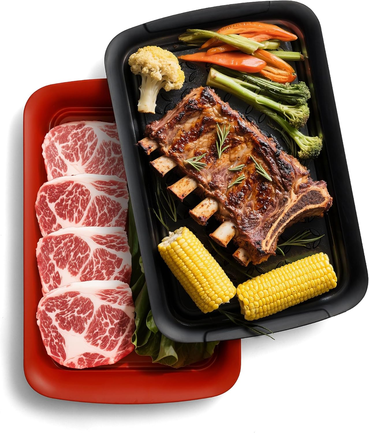 TP Grilling Prep and Serve Trays, 17 x 10.5 inch BBQ Trays for Cooked and Raw Foods, Set of 2 Melamine Serving Platters for Meats, Grill Accessories, Black and Red