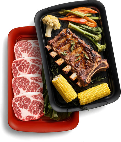 TP Grilling Prep and Serve Trays, 17 x 10.5 inch BBQ Trays for Cooked and Raw Foods, Set of 2 Melamine Serving Platters for Meats, Grill Accessories, Black and Red