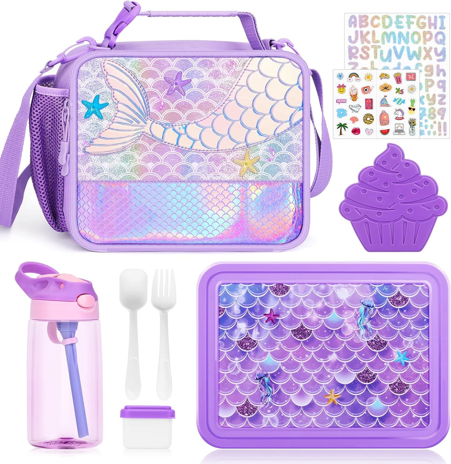 JYPS Lunch Box for Girls-Insulated Lunch Bag,Kids Bento Box with 6 Compartment,Water Bottle,Ice Pack,Salad Container,Perfect Lunch Container for Kids and Toddlers Back to School Age 7-15(Purple M)